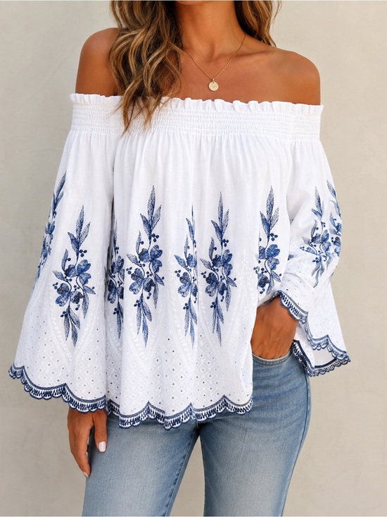 Coco + Carmen Tops - Coco + Carmen L/XL White Blue Floral Eyelet Off Shoulder Boho Blouse